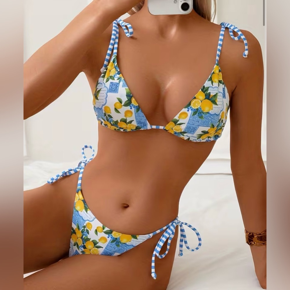 Lemon Print Triangle Side Tie Bikini Set - Picture 9 of 11